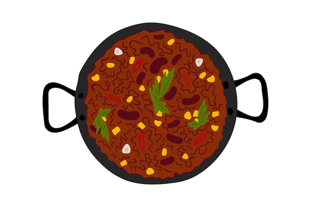 Tradycyjne meksykańskie pikantne jedzenie Chili con carne z zieloną fasolą i kukurydzą w żeliwnej patelni Układ płaski Izoluj wektor EPS Ilustracja do plakatu, banera, broszur, kart, etykieta z ceną, menu lub strony internetowej