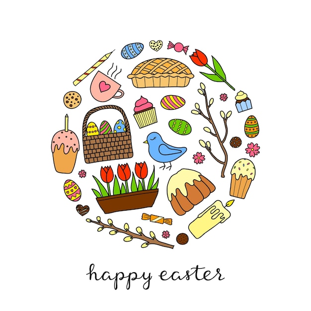 Plik wektorowy tradycyjne przedmioty wielkanocne, w tym kolorowe jaja, tulipany, szklane ciasta, świece, ptaki i wierzby, skomponowane w kształcie kręgu z literami