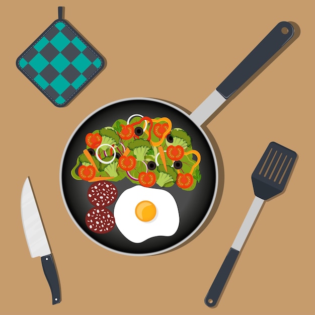 Tradycyjne śniadanie Jajecznica Z Warzywami I Kiełbasą Na Patelni