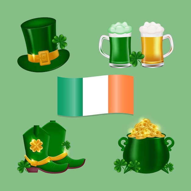 Tradycyjne Symbole Na Dzień świętego Patryka. Flaga Irlandii, Kapelusz Leprechaun, świeże Piwo, Zielone Piwo, Garnek