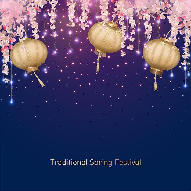 Tradycyjne Tło Festiwalu Wiosna Z Wiszącymi Kwiatami I Jedwabnymi Lampionami. Tło Chiński Nowy Rok
