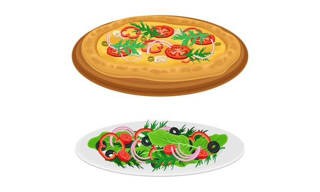 Tradycyjne włoskie potrawy pizza i sałatka smaczne dania na talerzach ilustracja wektorowa