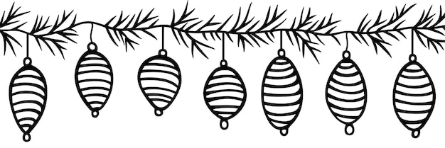 Plik wektorowy tradycyjny wzór świąteczny z zabawkami z choinki i gałęziami sosny ręcznie narysowany szkic