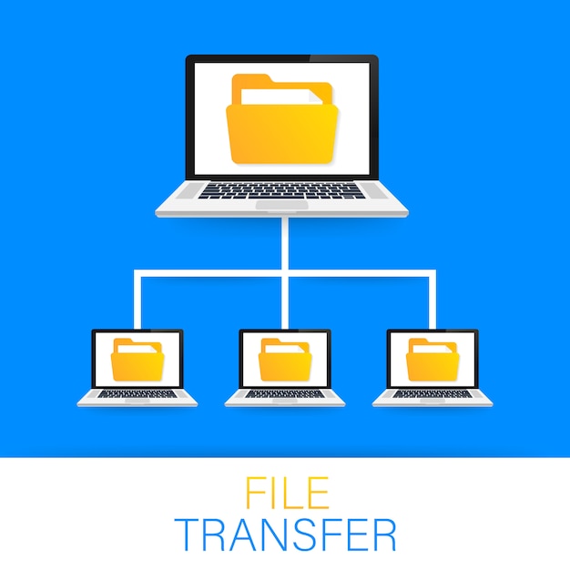 Plik wektorowy transfer plików. laptopy z folderami na ekranie i przesyłanymi dokumentami.