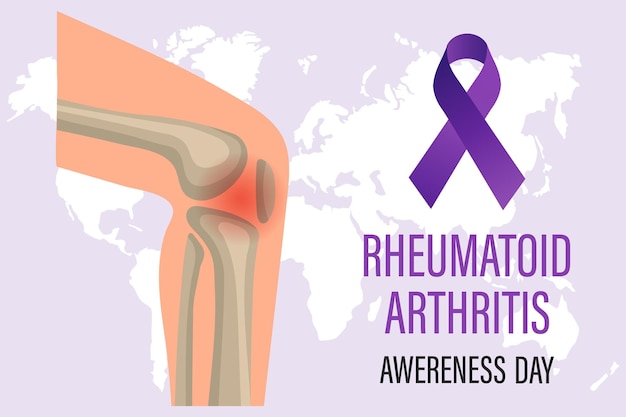Plik wektorowy transparent dnia świadomości reumatoidalnego zapalenia stawów fioletowa wstążka i staw kolanowy mężczyzny koncepcja medyczna