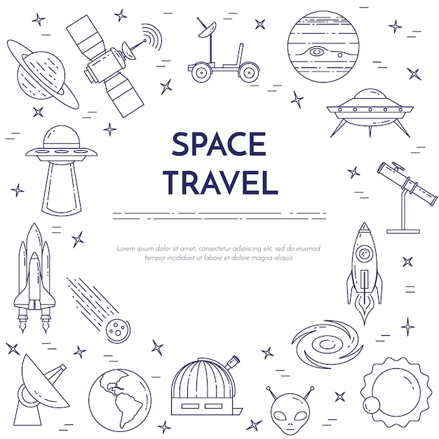 Transparent linii podróży kosmicznych. Zestaw elementów planet, statków kosmicznych, UFO, satelity, lunety i inne kosmiczne piktogramy. Koncepcja strony internetowej, karty, infografika, reklama. Ilustracji wektorowych
