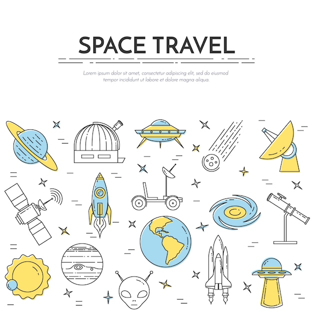 Transparent linii podróży kosmicznych. Zestaw elementów planet, statków kosmicznych, UFO, satelity, lunety i inne kosmiczne piktogramy. Koncepcja strony internetowej, karty, infografika, reklama. Ilustracji wektorowych