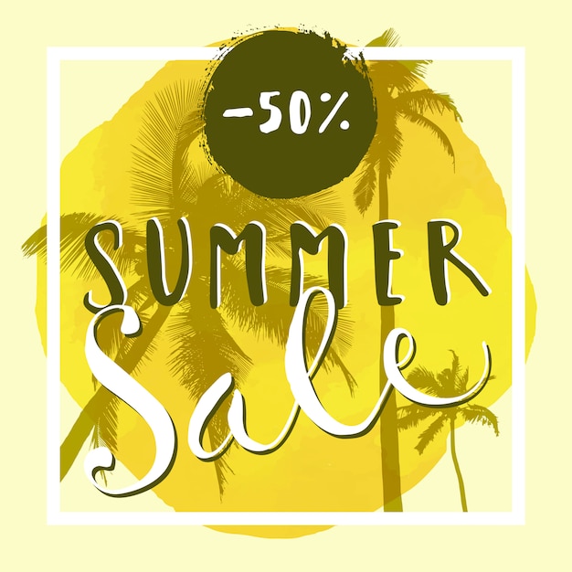 Transparent Summer Sale. Ręcznie Tłoczona Reklama Z Palmami, Kwadratową Ramą I Kółkiem Akwarelowym