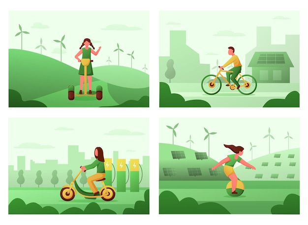 Plik wektorowy transport elektryczny zielony samochód miejski autobus i rower ładowanie baterii samochodu lub roweru przyjazne środowisko auto osoby jeżdżące motocyklami wektorowy zestaw ilustracji z ostatnich czasów