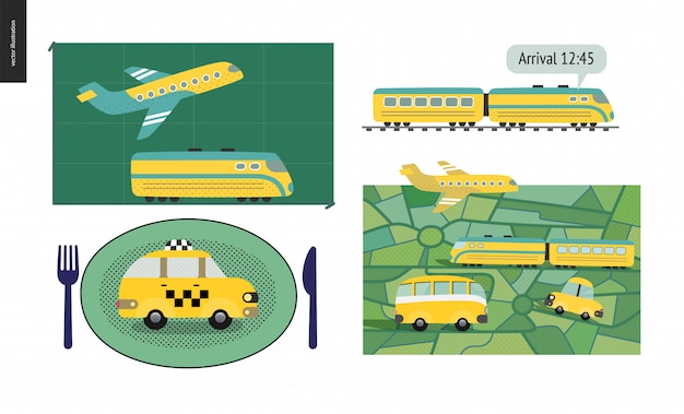 Plik wektorowy transport przez planetę, pociąg, autobus taksówką