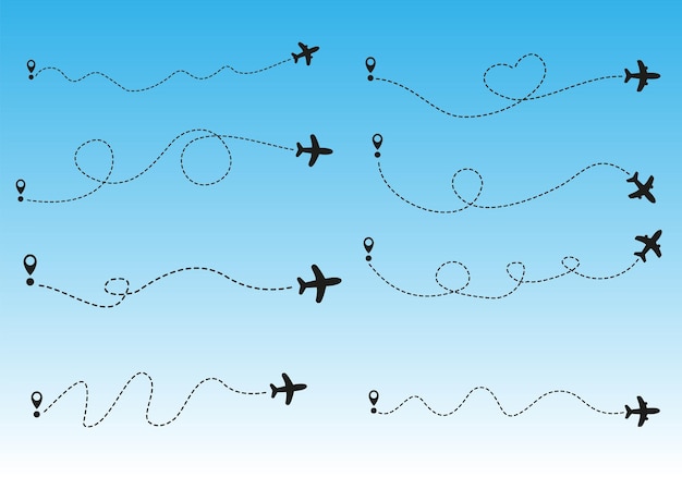 Plik wektorowy trasy samolotów na niebieskim tle romantyczna koncepcja podróży ikona wektor ścieżki linii samolotu