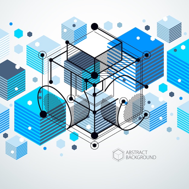 Trend izometryczny wzór geometryczny niebieskie tło z jasnymi blokami i kostkami. Plan techniczny może być wykorzystany w projektowaniu stron internetowych oraz jako tapeta lub tło. Idealne tło dla Twoich projektów.
