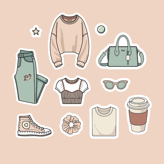 Trendy Casual Stylish Girl Clothing Nowoczesny zestaw naklejek wektorowych