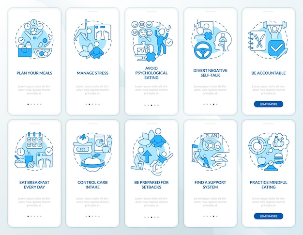 Trendy Dietetyczne Niebieski Zestaw Ekranów Aplikacji Mobilnej Onboarding Opis Zdrowego Odżywiania 5 Kroków Instrukcje Graficzne Strony Z Koncepcjami Liniowymi Szablon Ui Ux Gui Myriad Probold Użyte Zwykłe Czcionki