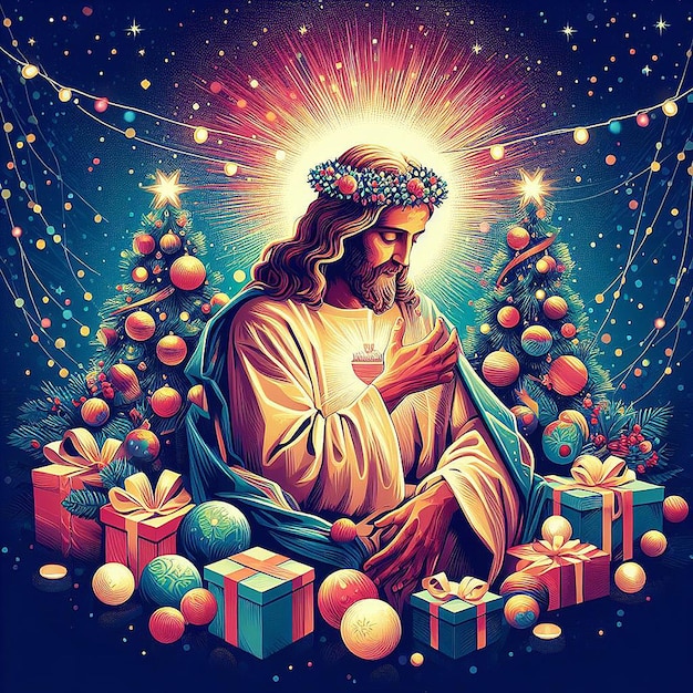 Plik wektorowy trendy festive xmas christmas christian jesus tree scene ilustracja wektorowa wallpaper image