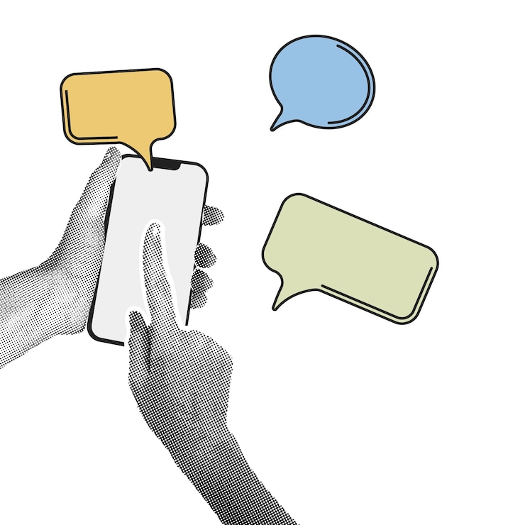 Wektor trendy halftone collage hand shows na wyświetlaczu telefonu komunikacja w mediach społecznościowych