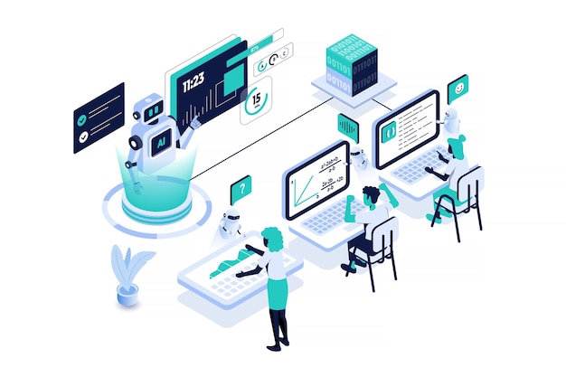 Trendy Isometric illustration of AI Powered Learning Experience