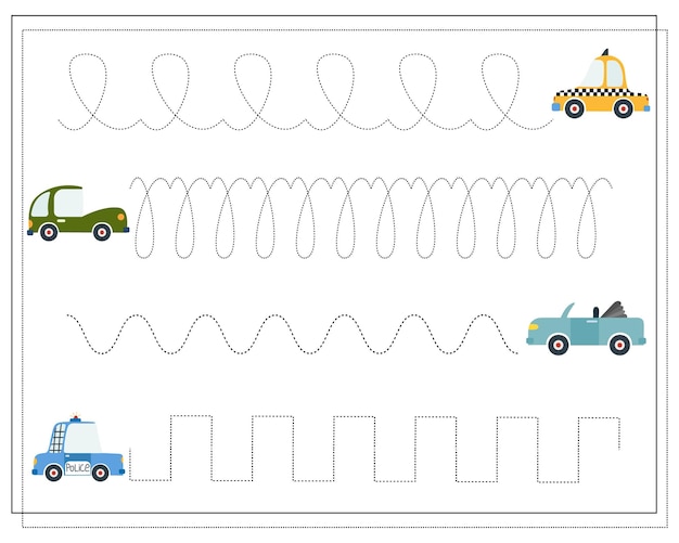Plik wektorowy trening pisma ręcznego gra edukacyjna dla samochodów z kreskówek dla dzieci