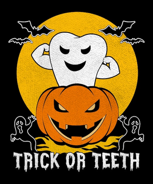 Plik wektorowy trick or teeth, grafika na koszulce dentysta na halloween i projekt gadżetów