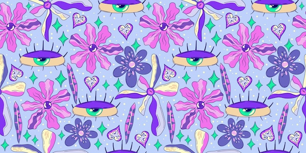 Trippy bez szwu deseń z oka i kwiatu Crazy heart abstract Doodle wektor bez szwu deseń Magic Alien trippy design