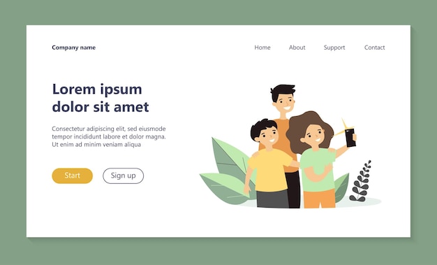 Plik wektorowy troje dzieci biorących selfie na stronie docelowej smartfona