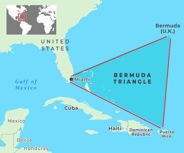 Plik wektorowy trójkąt bermudów i trójkąt diabła mapa region w północnym oceanie atlantyckim między bermudami miami i pu