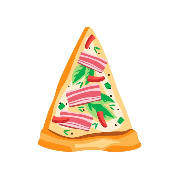 Plik wektorowy trójkątny kawałek gorącej włoskiej pizzy z bekonem, czerwonym pieprzem i zielonymi liśćmi bazylii temat fast food element graficzny dla menu kawiarni lub plakatu promocyjnego kolorowy płaski projekt wektorowy izolowany na białym