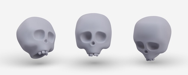 Plik wektorowy trójwymiarowe białe ludzkie czaszki w różnych pozycjach skeleton głowy zombie z krzywymi zębami