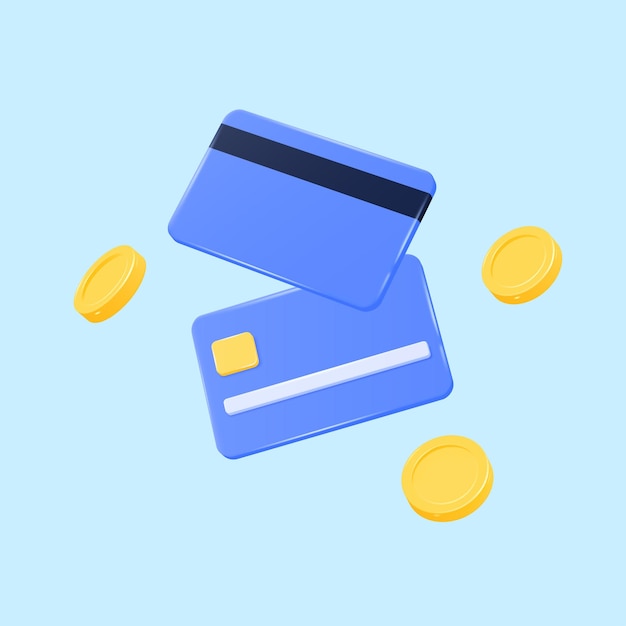 Trójwymiarowe plastikowe karty kredytowe i złote monety w locie realistyczna ilustracja wektorowa izolowana na niebieskim tle