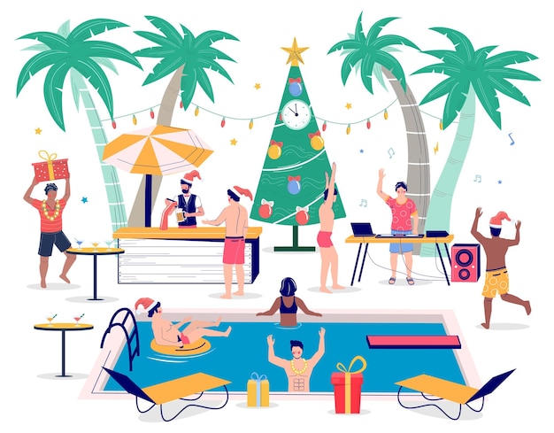 Tropic Christmas Pool Party, Płaskie Wektor Ilustracja. Szczęśliwi Ludzie W Czapkach Mikołaja Pływają W Basenie, Tańczą, Piją Piwo I Dobrze Się Bawią. Obchody Nowego Roku, Tropikalne Ferie Zimowe.