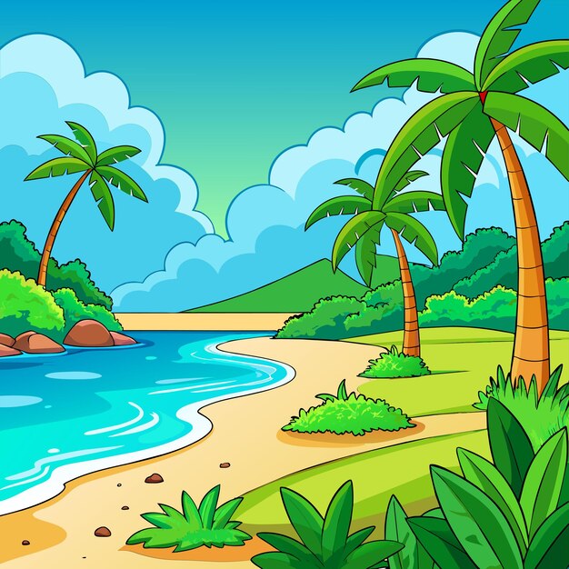 Plik wektorowy tropical beach scene with many palm trees summertime hand drawn sticker icon concept isolated