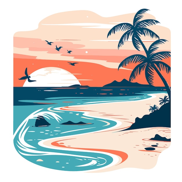 Tropikalna Plaża Z Palmami I Mewy Ilustracja Wektorowa