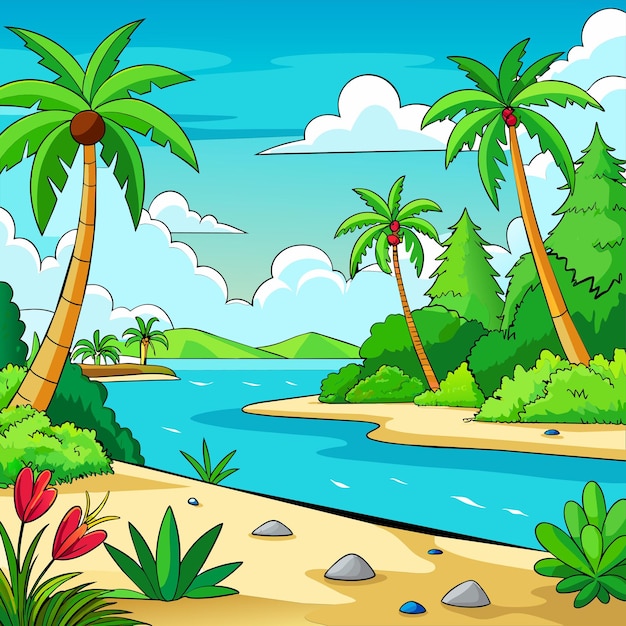 Plik wektorowy tropikalna scena plaży z wieloma palmami letnia ręcznie narysowana ikona naklejki koncepcja izolowana