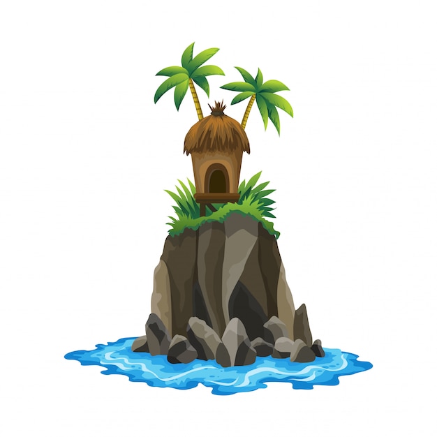 Tropikalna Wyspa. Tropikalne Wybrzeże Z Palmami I Falami Morskimi. Bungalow Na Wyspie. Wypoczynek W Ośrodku