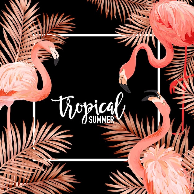 Tropikalne ptaki Flamingo i złote liście palmowe lato transparent, tło graficzne, egzotyczne zaproszenie kwiatowy, ulotki lub karty. Nowoczesna strona frontowa w Vector