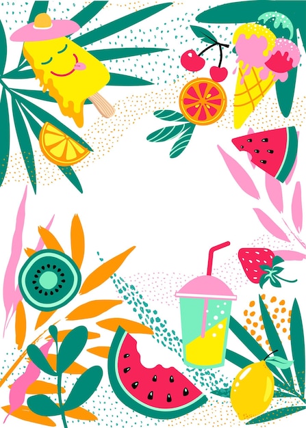 Plik wektorowy tropikalne tło tropikalne rośliny lody koktajl i ilustracja wektorowa owoców