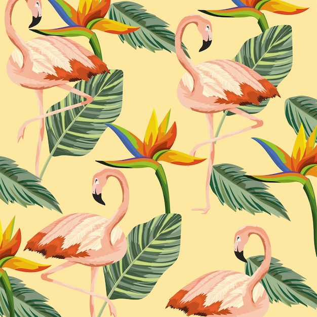 Tropikalni flamingi z kwiatów i liści tłem