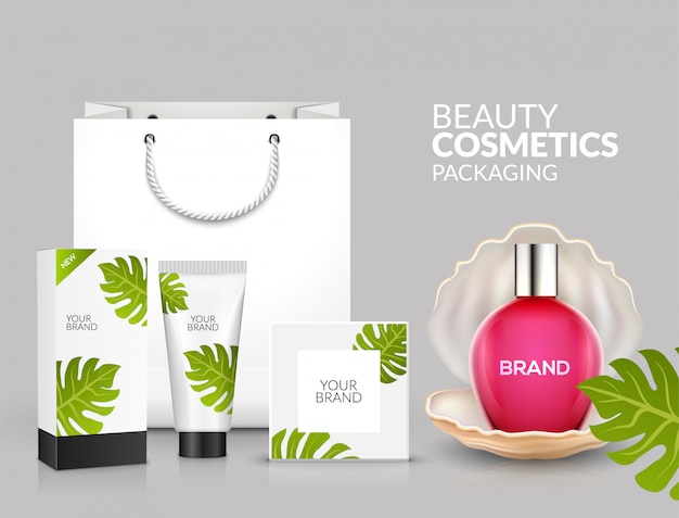 Tropikalny Pakiet Kosmetyczny Naturalny Naturalny Szablon Reklama Piękno Lato. Pojemnik I Tubka Promocyjna Na Produkty Kosmetyczne
