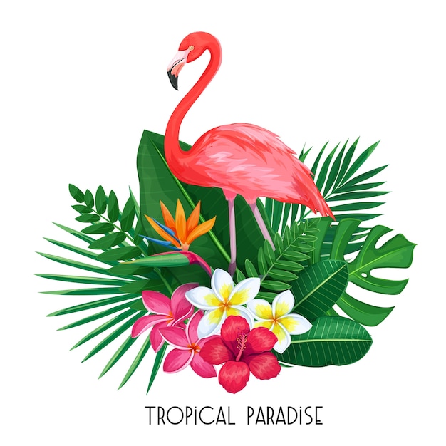 Tropikalny Sztandar. Letni Projekt Na Reklamę Z Flamingiem, Tropikalnymi Liśćmi I Kwiatami.