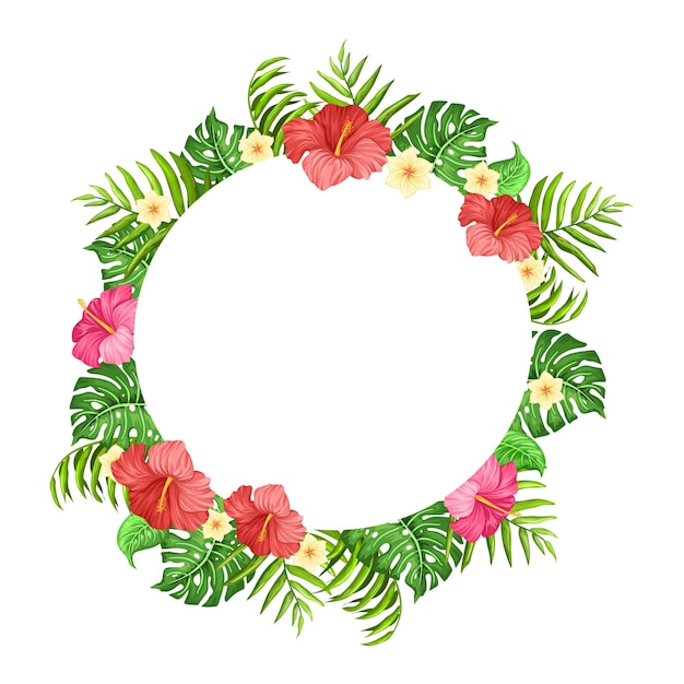 Tropikalny wieniec z kwiatami hibiskusa i bujną zielenią