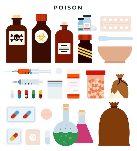 Trujące Substancje Toksyczne Płyny Medyczne W Plastikowych I Szklanych Słoikach Tabletki Kapsułki Proszki