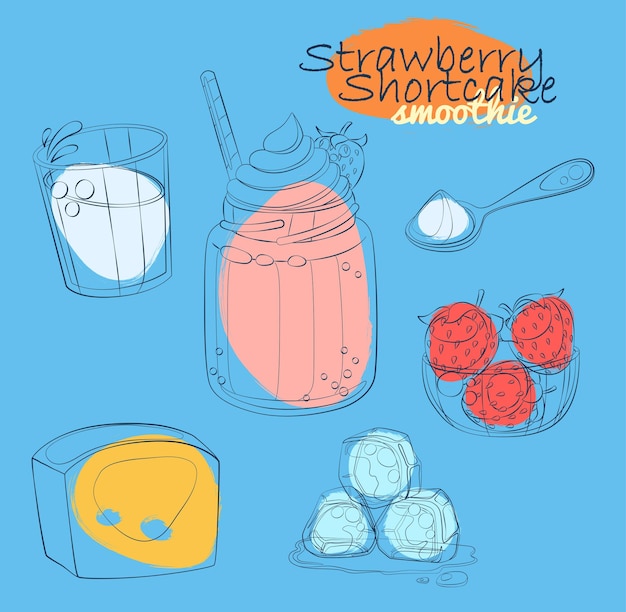 Truskawkowe ciastko smoothie przepis ilustracja z mleka jagody cukier łyżka składnika milkshake