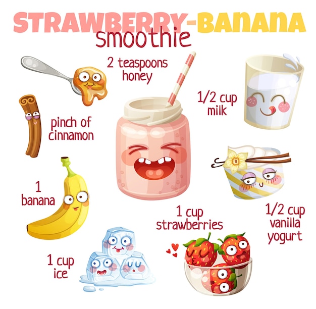 Truskawkowy bananowy smoothie ilustracja z uroczymi postaciami milkshake składniki kreskówka wektor ikony izolowane na białym tle