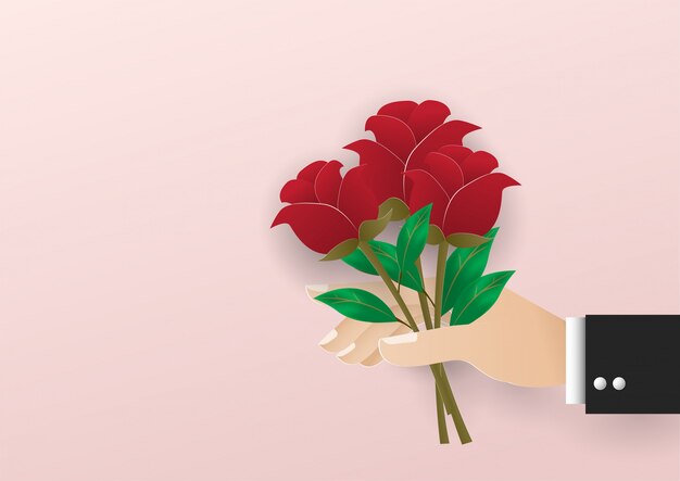 Plik wektorowy trzy czerwieni róża w mężczyzna ręce na różowym tle, szczęśliwy valentine dzień
