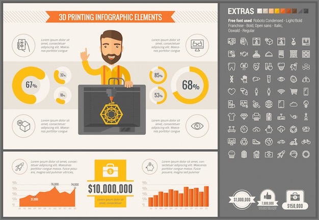 Trzy D Druku Płaski Projekt Infographic Szablon