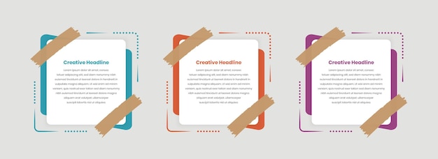 Trzy etapy prezentacji tekstu biznesowego szablon infograficzny z załączoną taśmą i abstrakcyjnym kształtem