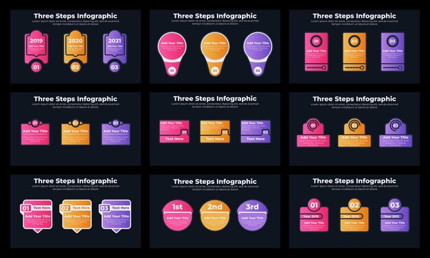 Plik wektorowy trzy kroki elementy infografiki biznesowej z ciemnym motywem
