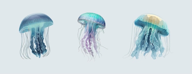 Trzy meduzy Ocean jellyfishStworzenie z głębin oceanuIlustracja wektora odizolowana na niebieskim tle