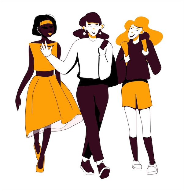 Plik wektorowy trzy młode przyjaciółki spacerują i rozmawiają, bawiąc się studentki w modnych kolorach