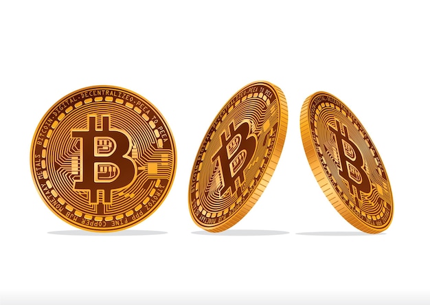 Trzy monety Bitcoina umieszczone pod różnymi kątami pokazujące projekt cyfrowej waluty i bezpieczne transakcje finansowe na czystym tle